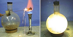 A photo sequence shows a round bottom flask with a stopper and a solid held in the flames of a burner. The flask sits on a cork ring. In the second photo, yellow-white light shines inside a flask with a stopper.

