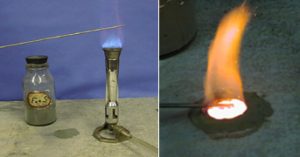 A photo showing a metal rod held in a blue flame and a capped bottle with grey powder and with a label "FeS." A second photo shows a metal rod in orange flames over a white solid on a grey surface.