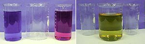 In the first photo, three beakers: one with blue liquid, a second with no liquid, and a third with red liquid. In the second photo, three beakers: one with no liquid, the second with yellow liquid, and the third with no liquid.