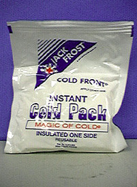 A white bag with the label "Instant Cold Pack" in blue letters