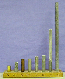 Various cylinders of solids sit in a display stand