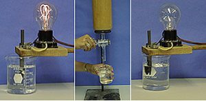 In a photo sequence, a bulb lights up when it is connected to a solution in a beaker. After liquid is ran through a column, the bulb connected to a solution does not light up.