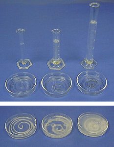Three graduated cylinders with clear liquids and three Petri dishes with metal coils. In the second photo, three Petri dishes with metal coils and different amount of gas in clear liquids.