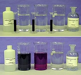 A set of three beakers contain three clear, colorless liquids, and three portions of a purple liquid, and a second set of beakers contain the three products of reactions: green, purple, and clear liquids