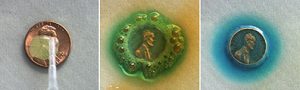 Three photos: The first photo shows a dropper tip placing a yellow substance on a penny. In the second photo, green liquid bubbles around a penny, and in a third photo, a blue halo of liquid surrounds the penny.