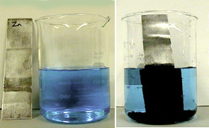 In a photo sequence, a strip of zinc metal and a beaker of blue liquid, and the second photo shows a black layer formed on a zinc strip.