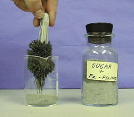 Black shards cling to a magnet held over a beaker. A bottled jar labeled "Sugar and Fe Filings"