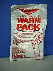 A white plastic bag with the label "Warm Pack" and an illustration of a hand holding a warm pack on the knee.