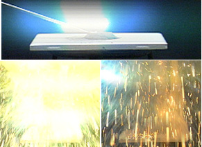 A wire is placed in grey-white solid on a non-combustible tabletop. The second photo shows yellow-white light. The third photo shows yellow sparks and an orange flame on the tabletop.