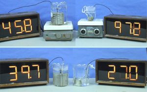 Temperature probes attached to thermometers placed in clear liquids inside beakers