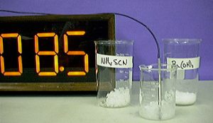 A thermometer with an attached probe, a beaker with cloudy mixture, and two labeled beakers with white solids