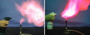 The first photo shows a hand holding a dark squirt bottle, and a pink-white flame appearing above a blue flame on a burner with tubing on a dark surface. The second photo shows a hand holding a white top bottle, and a red flame appearing above the flame on a burner with tubing on a dark surface.