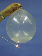 A hand holds an inflated balloon containing a clear liquid, and a stick burns beneath a balloon.