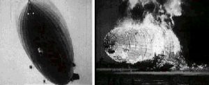 In the first photo, an airborne airship. In the second photo, the same airship engulfed in flames.