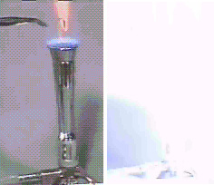 In the first photo, black tongs hold a metal strip in orange and blue flame of a burner. In the second photo, a bright, white flame appears.