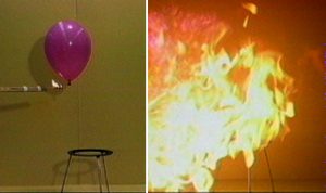 In the first photo, silver tongs hold an inflated purple balloon near a burner. In the second photo, yellow flames appear.