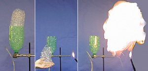 A three photo sequence: In the first photo, an inverted partial green bottle with bubbles, a black pipe, a clear tube, and a stand holding the bottle. In the second photo, bubbles in hand, a black ring stand, the green bottles sans bubbles, and a lit torch. The third photo shows the green bottle with less bubbles and clear tube, a stand, and a white flame over a lit torch.