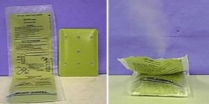 A two photo sequence: a clear bag with printed directions and a green packet is next to the bag. In the second photo, vapor rises from the bag.