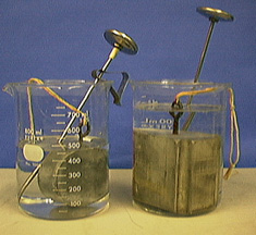 Two beakers, each with a clear liquid, a solid attached to a string, and a thermometer inside a beaker.