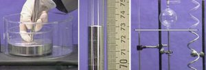 In the first photo, a gloved hand holds a glass tube filled with silver liquid, and one end of the cylinder is in silver liquid inside a round container. The second photo shows silver liquid inside a glass tube next to a ruler. The third photo shows a stand with clamps holding a round flask attached to a tube, a spiral and vertical tube with silver liquid.