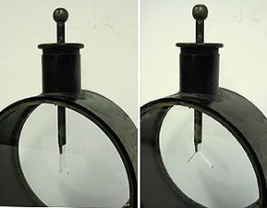 Two photos show an instrument with attached gold leaves. In the second photo, the leaves are separated.