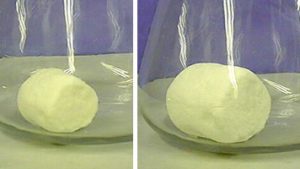 In the first photo, a marshmallow inside a glass jar. In the second photo, the marshmallow has increased in size in the same  glass jar,