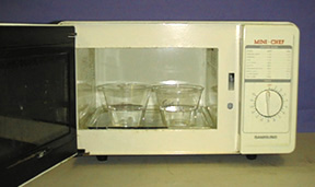 Two containers, each with clear liquid inside a microwave with an open door