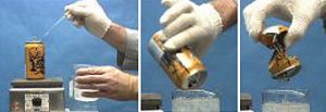 A three photo sequence: The first photo shows a gloved hand holding a pipet tip in an orange can on a hot plate and a gloved hand holding a beaker of ice water. The second photo shows a gloved hand tilting an orange can over a beaker of ice water. The third photo shows a gloved hand holding a twisted can over a beaker of ice water.
