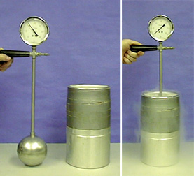 In the first photo, a hand holds a gauge attached to a silver ball next to an uncapped silver container. In the second photo, a hand holds a gauge in the silver container while vapor floats around the container.