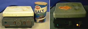 The first photo shows a hot plate and a carton labeled salt. The second photo shows a glowing orange substance on the surface of a hot plate in a darkened room.