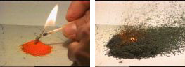 In the first photo, a hand with a burning match, lighting a fuse, and red-orange powder. In the second photo, a white spark in the middle of dark green powder with some airborne powder.