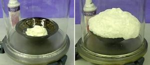 The first photo shows a white, creamy solid in a black bowl inside a jar. A labeled bottle is seen behind the glass jar. In the second photo, the white solid flows over a portion of the bowl's edge inside the jar. A labeled bottle is seen behind the jar.
