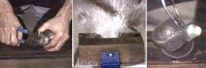 A three photo sequence: In the first photo, hands  hold a pair of pliers and a metal flask over a dark wooden box. In the second photo, a clear liquid sprays out of a brown box as the container bursts.  In the third photo, tongs hold a fragment of gray iron container with a white solid over the remaining box.