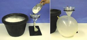 A two-photo sequence: In  the first photo, white solid and vapor are inside a black ice bucket, and a hand holds the silver scoop of white solid over a funnel connected to a shriveled balloon on a ring stand. In the second photo, a funnel is connected to an inflated balloon next to a black bowl. A ring holds the funnel in place.