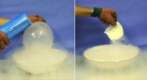 A gloved hand tilts a blue container toward a white balloon while a second hand holds the white balloon over vapor inside a white bowl. In the second photo, a gloved hand holds a white collapsed balloon emitting vapor over vapor in a white bowl.