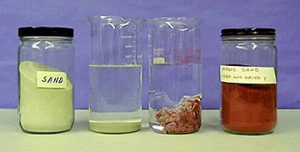White sand settles to the bottom of a beaker containing a clear liquid. In the second beaker, red sand clings to itself rather than settle to the bottom of the beaker containing clear liquid.