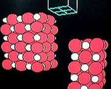 A graphic showing two blocks of red and white spheres and a white geometric shape with green squares above the spheres.