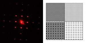 The first graphic shows red dots in a square formation with a center beam on a dark background. The second graphic shows a square divided into quarters, with the first quarter containing dots and the second, third, and forth quarters containing squares.