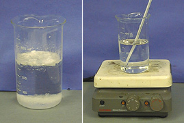 Two photos, each with a beaker against a blue background. In the first photo, a beaker contains a white solid in a clear and colorless liquid. In the second photo, a beaker with clear liquid and a stir rod sits atop the surface of a hot plate.