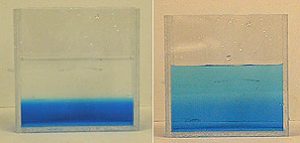 The first photo shows a clear upper layer and a blue lower layer in liquid inside a plexiglass container. The second photo shows a liquid with a top layer of light blue color, a middle layer of darker blue color, and a bottom layer of darkest blue color inside a plexiglass container.