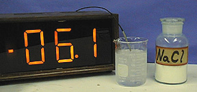 A thermometer with a readout below zero degrees celsius, a temperature probe with attached cable in ice water, and a capped bottle with a yellow substance labeled "NaCl."