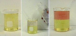 A three-photo sequence: The first photo shows a beaker with yellow liquid. The second photo shows a beaker with yellow liquid and a stir rod. A hand is adding water with a labeled squirt bottle. The third photo shows a beaker with an upper layer of orange liquid, a lower layer of yellow liquid, and a stir rod.