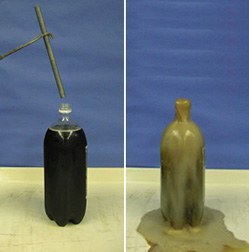 The first photo shows a gray rod held  by tongs over a bottle with dark liquid. The second photo shows dark brown foam running over the bottle's mouth and onto a pale surface.