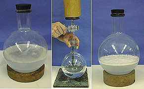 A flask with water with no suds on a cork ring, a round bottom flask being filled with water from a column, and a round bottom flask with suds on a cork ring.