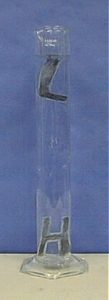 A glass column with clear liquid containing two black solids, each surrounded by bubbles. One floating solid is shaped like the letter L, and the sinking solid is shaped like the letter H.