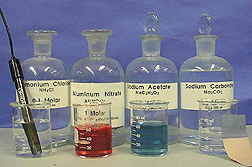 A probe with attached cable in a beaker with clear liquid, a beaker with red liquid, a beaker with blue liquid, and a beaker of clear liquid with a strip of copper colored paper with a gray upper portion. The back row shows four capped bottles each with an identifying label.