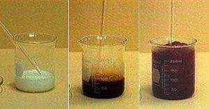 In the first photo, a beaker with white solution and a stir rod. In the second photo, a beaker with a red-brown polymer and a stir rod. In the third photo, a beaker with much more red-brown polymer and a stir rod.