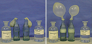 Two pop bottles sealed with balloons.