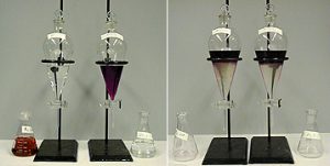 In the first photo, two funnels on stands are shown, one with a purple liquid and one with clear liquid. Two small flasks sit near each funnel. In the second photo, the liquids separate into brown and clear liquids.