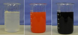 A three-photo sequence: A beaker with a cloudy mixture, a beaker with an orange liquid, and a beaker with a dark liquid